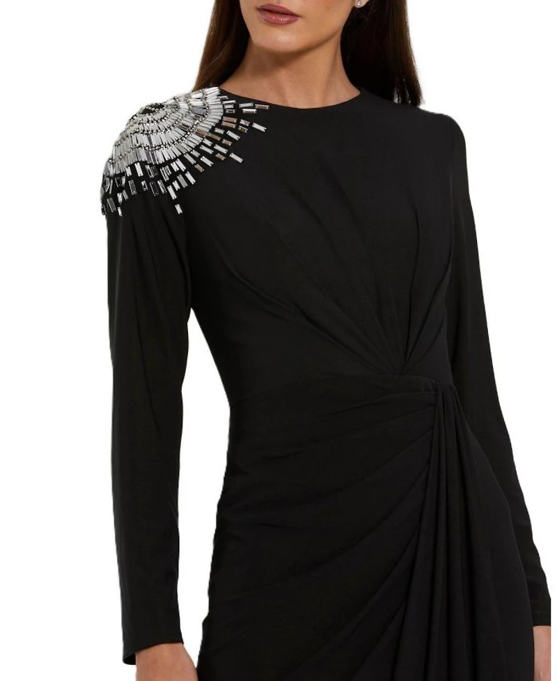 Jersey Long Sleeve Weap Gown With Beaded Shoulder