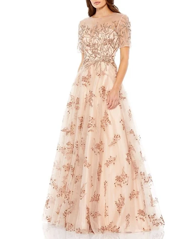 Embellished Illusion Cap Sleeve A Line Gown