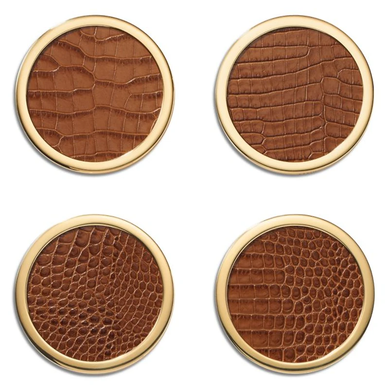 Classic Croc Embossed Leather Coasters in Chestnut, Set of 4