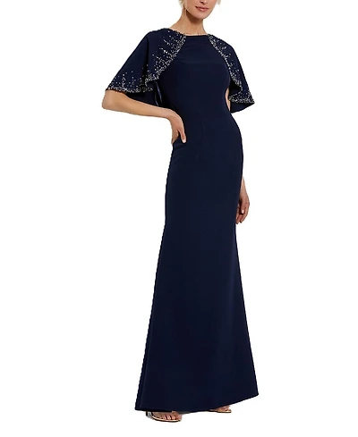 Mac Duggal Crepe High Neck Fitted Gown With Beaded Shawl