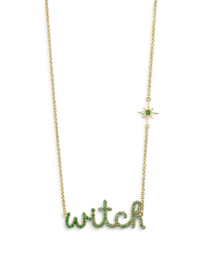 Sydney Evan Wicked x Sydney Evan 14K Yellow Gold Emerald Witch Script Pendant Necklace, 18