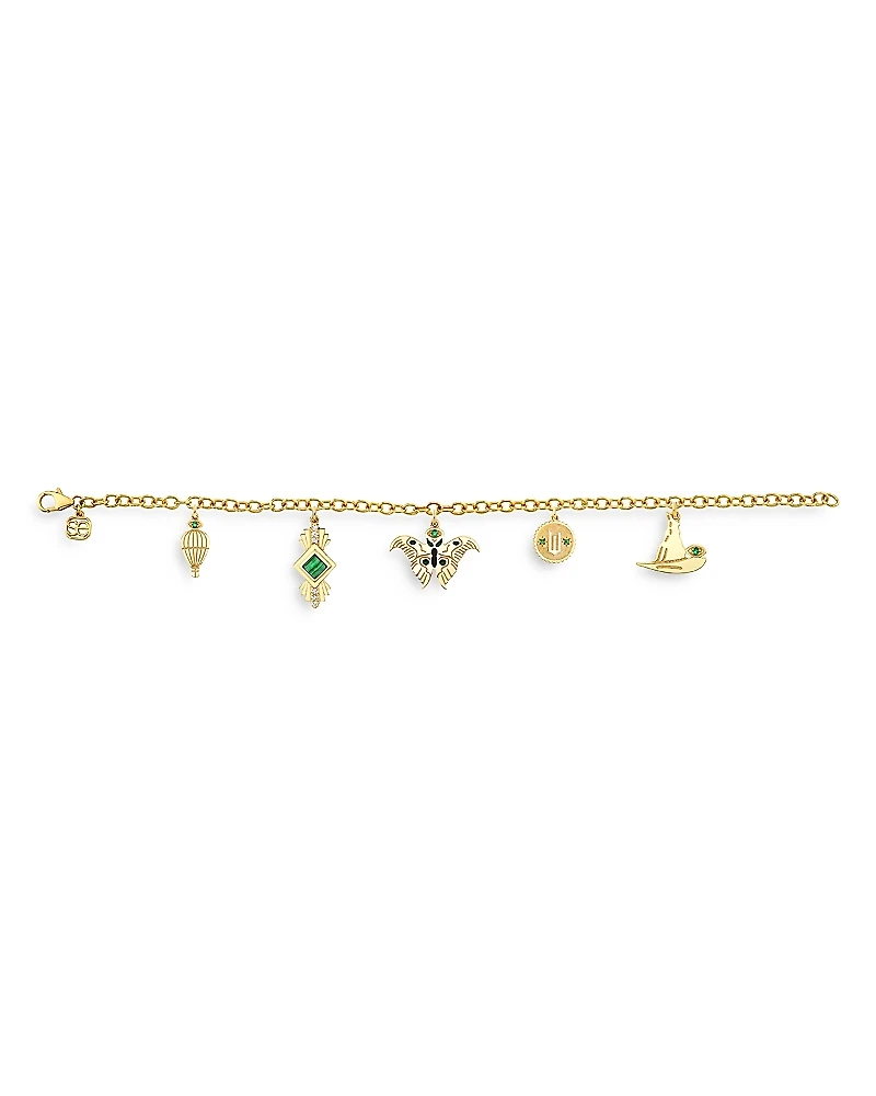 Sydney Evan 14K Yellow Gold Wicked Green Elphaba Multi Charm Chain Bracelet