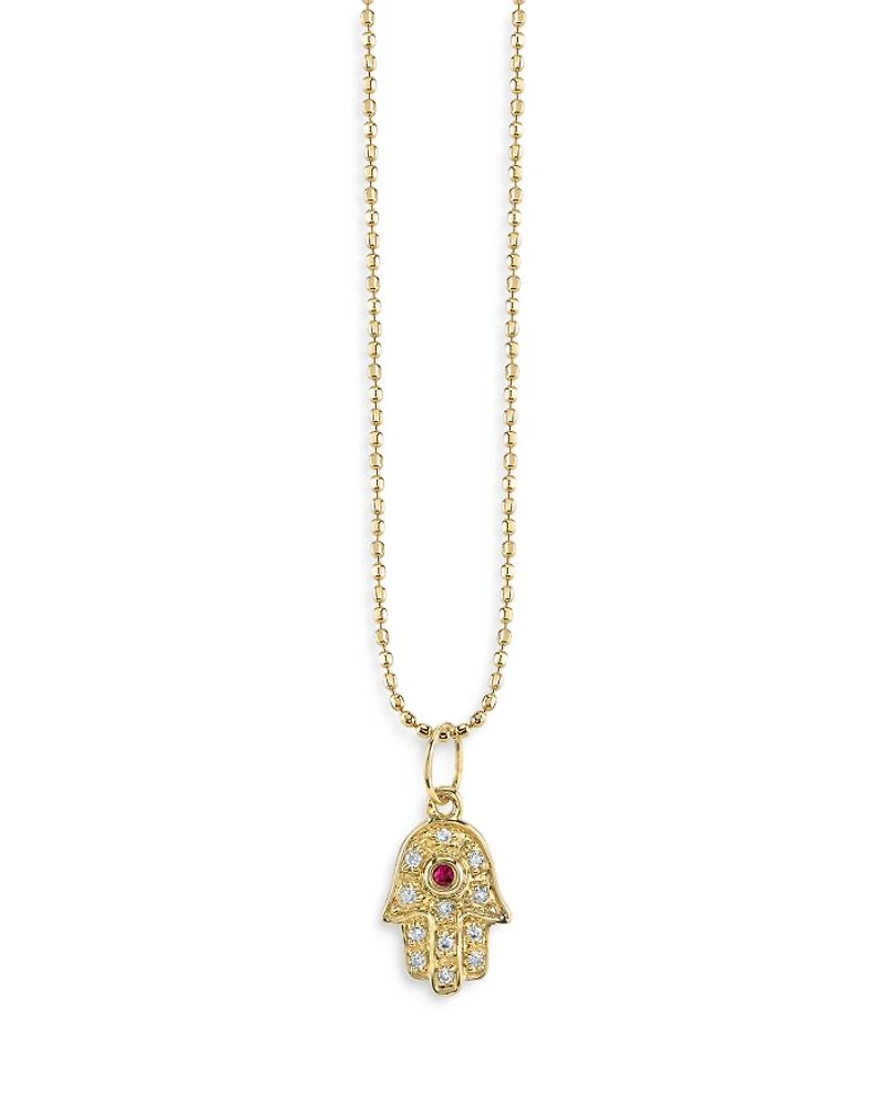14K Yellow Gold Diamond & Ruby Baby Hamsa Hand Pendant Necklace, 18"