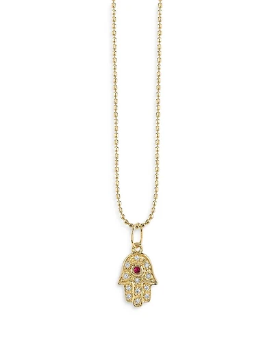14K Yellow Gold Diamond & Ruby Baby Hamsa Hand Pendant Necklace, 18"