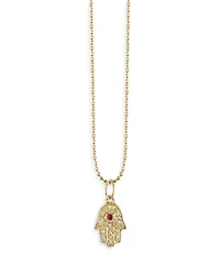 14K Yellow Gold Diamond & Ruby Baby Hamsa Hand Pendant Necklace, 18"