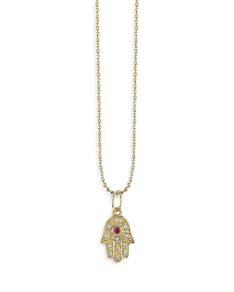 Sydney Evan 14K Yellow Gold Diamond & Ruby Baby Hamsa Hand Pendant Necklace, 18