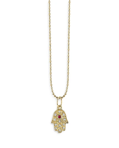Sydney Evan 14K Yellow Gold Diamond & Ruby Baby Hamsa Hand Pendant Necklace, 18