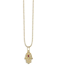 Sydney Evan 14K Yellow Gold Diamond & Ruby Baby Hamsa Hand Pendant Necklace, 18
