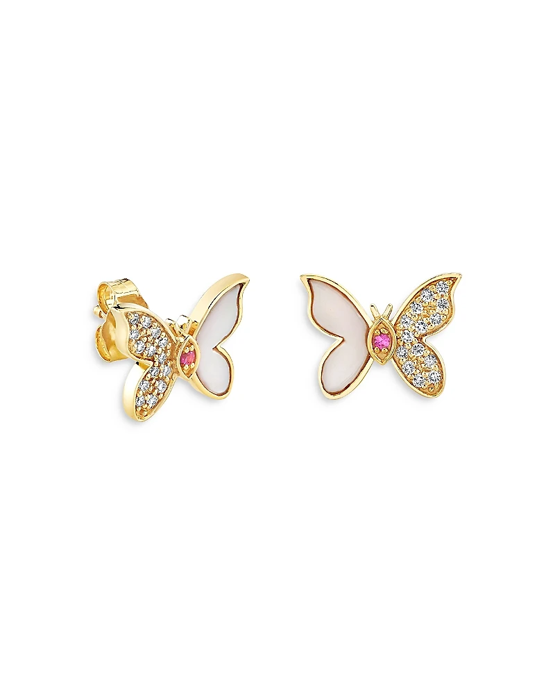 Sydney Evan Wicked x Sydney Evan 14K Yellow Gold Glinda Pink Sapphire & Diamond Butterfly Stud Earrings