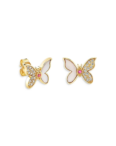 Sydney Evan Wicked x Sydney Evan 14K Yellow Gold Glinda Pink Sapphire & Diamond Butterfly Stud Earrings