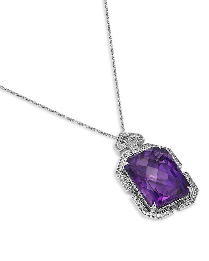 14K White Gold Amethyst & Diamond Necklace, 18"
