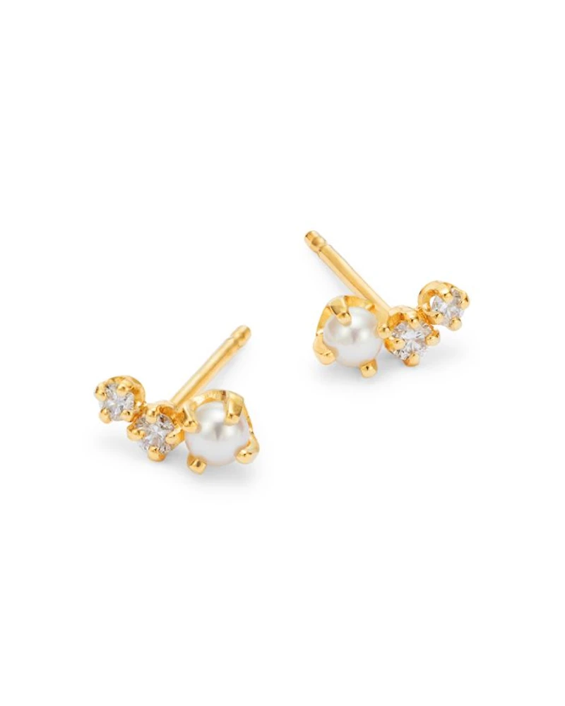 14K Yellow Gold Graduated Curved Diamond & Cultured Freshwater Pearl Stud Earrings