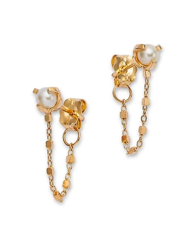 14K Yellow Gold Square Bead Chain Cultured Freshwater Pearl Earrings