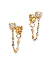 14K Yellow Gold Square Bead Chain Cultured Freshwater Pearl Earrings