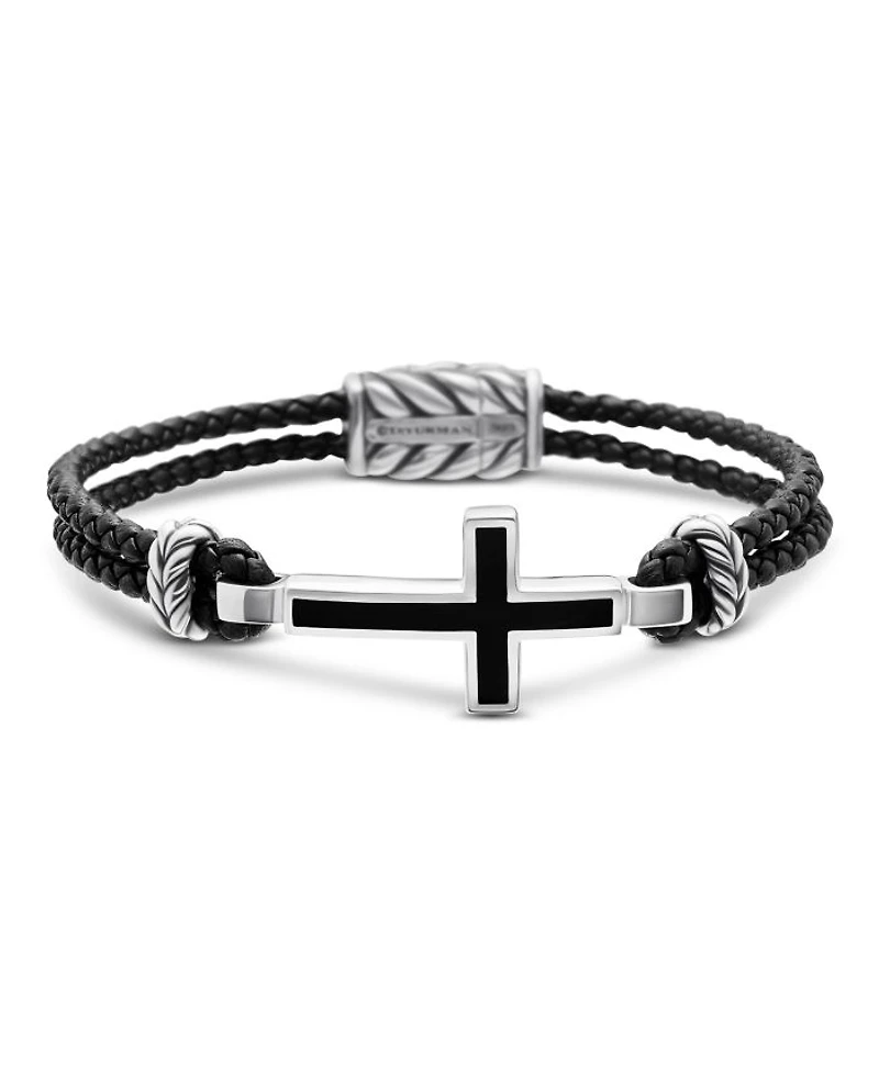 Men's Exotic Stone Cross Bracelet Black Leather with Sterling Silver and Onyx, 3mm
