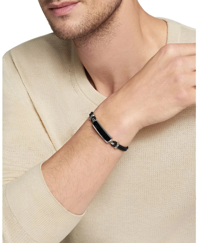 Men's Exotic Stone Station Black Leather Bracelet with Onyx
