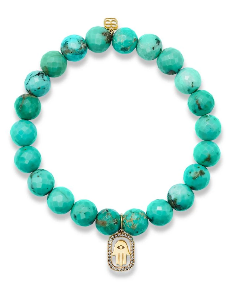 14K Yellow Gold Matrix Turquoise & Diamond Accent Hamsa Hand Stretch Bracelet