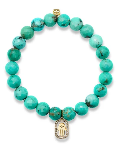 14K Yellow Gold Matrix Turquoise & Diamond Accent Hamsa Hand Stretch Bracelet