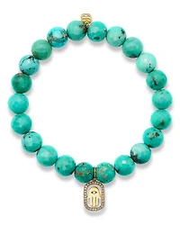 14K Yellow Gold Matrix Turquoise & Diamond Accent Hamsa Hand Stretch Bracelet