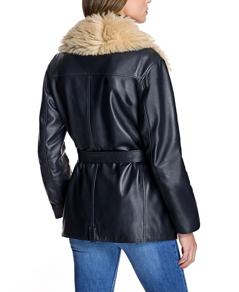 Leather Moto Jacket with Detachable Shearling Collar