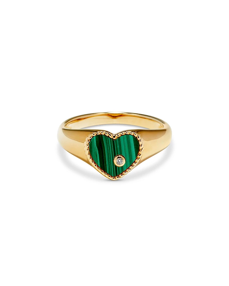Yvonne Leon 9K Yellow Gold Diamond & Malachite Heart Signet Ring