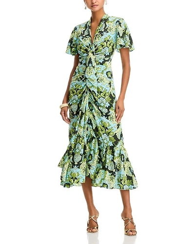 Damask Floral Tie Neck Ruched Midi Dress