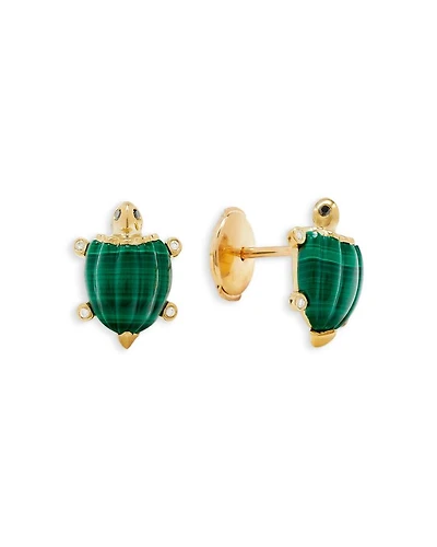 9K Yellow Gold Paire de Tortue Malachite & Multicolor Diamond Turtle Stud Earrings