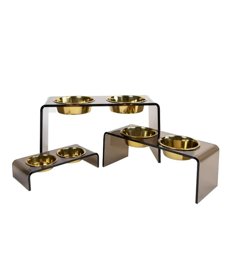 Large Smoke Bronze Double Bowl Pet Feeder, 2 Quart Bowls