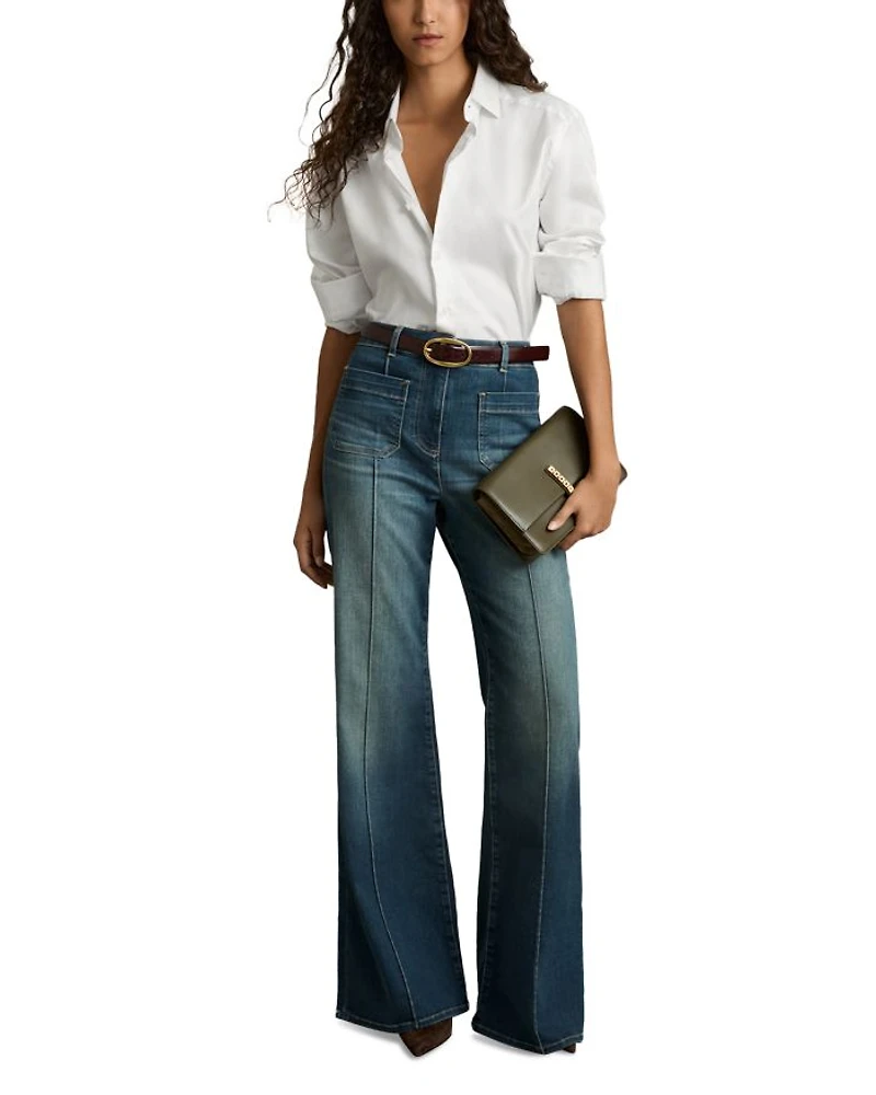Sakura Patch Pocket High Rise Flare Jeans Mid Blue