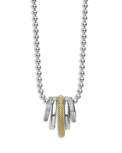 Two Tone Caviar Lux Five Ring Pendant Necklace with Diamonds, 16-18"