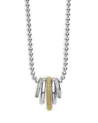 Two Tone Caviar Lux Five Ring Pendant Necklace with Diamonds, 16-18"