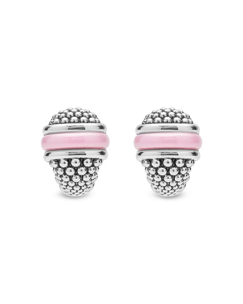 Sterling Silver Ceramic Pink Caviar Omega Clip Earrings