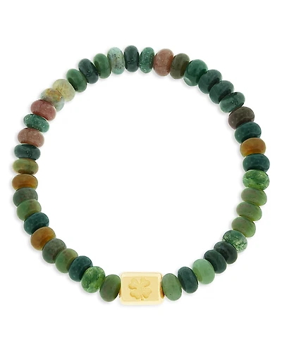 Luis Morais Men's 14K Yellow Gold Clover Ingot Indian Agate Beaded Bracelet