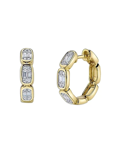 Shy Creation 14K Yellow Gold Aleera Diamond Round & Baguette Octagon Cluster Huggie Hoop Earrings