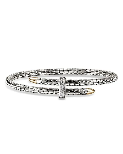 14K Yellow Gold & Sterling Silver Spear Diamond Flex Bypass Cuff Bracelet