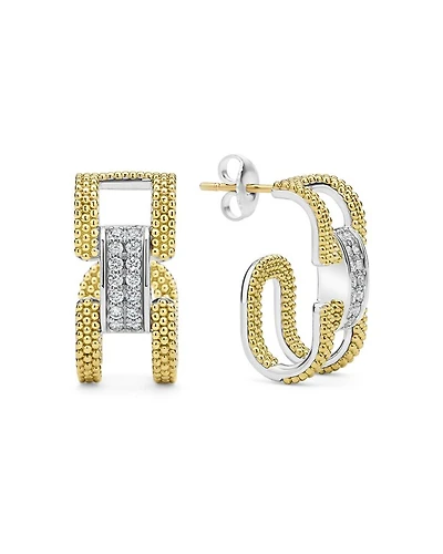 18K Yellow Gold & Sterling Silver Caviar Lux Clip Diamond Pavé Hoop Earrings - Exclusive