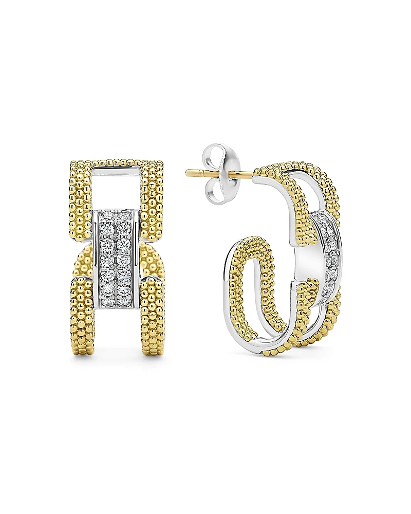 Lagos 18K Yellow Gold & Sterling Silver Caviar Lux Clip Diamond Pave Hoop Earrings - Exclusive