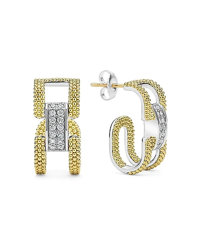Lagos 18K Yellow Gold & Sterling Silver Caviar Lux Clip Diamond Pave Hoop Earrings - Exclusive