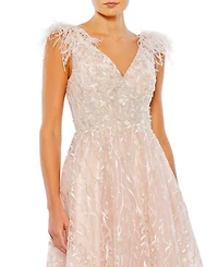 Embroidered Sleeveless Feather Detail Midi Dress