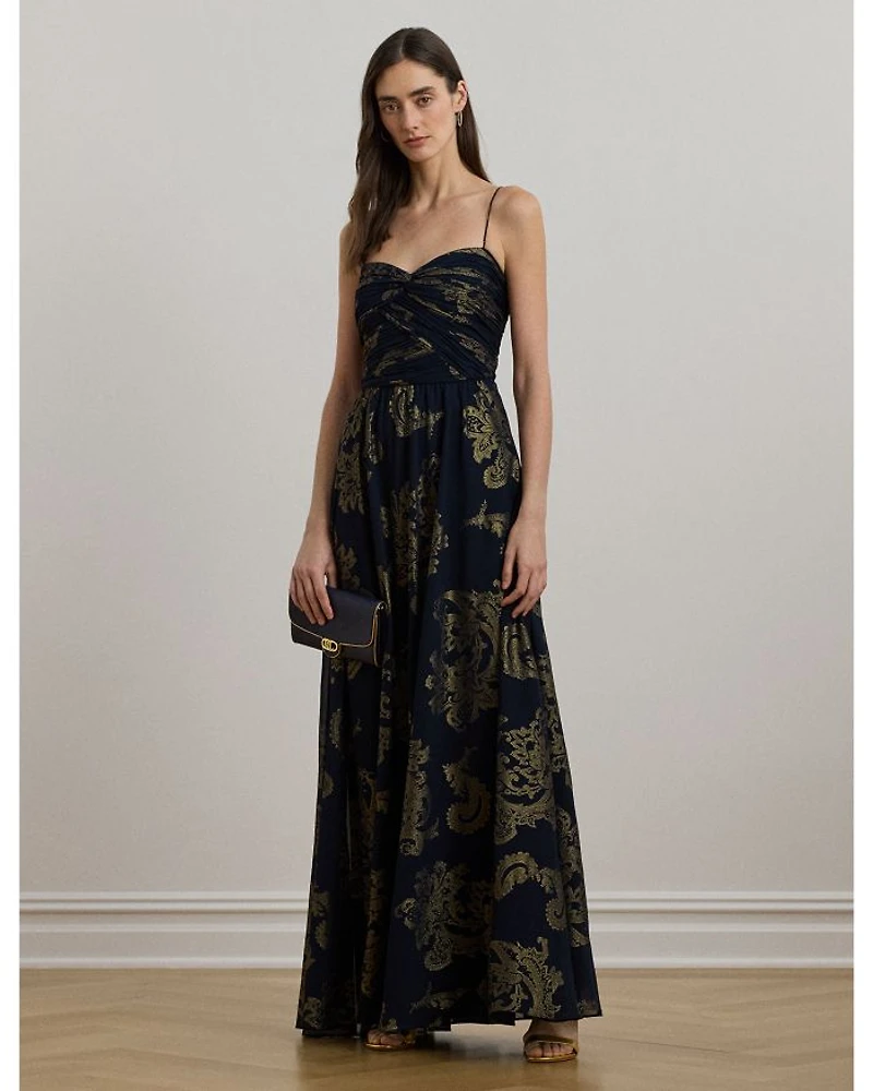 Paisley Foiled Chiffon Sleeveless Gown