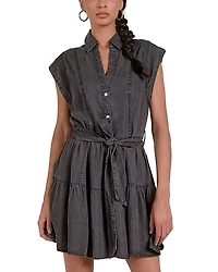 Elan Chambray Collared Button Front Mini Dress