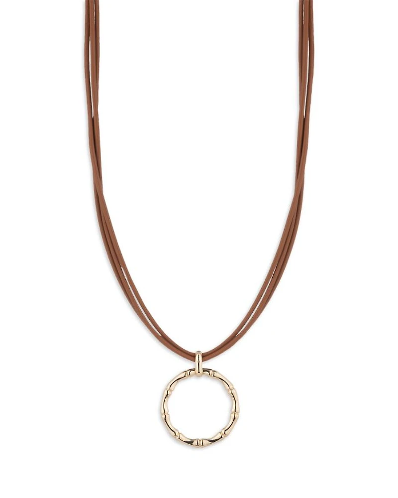 Bamboo Circle Pendant Leather Necklace, 16-19"