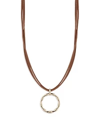Bamboo Circle Pendant Leather Necklace, 16-19"