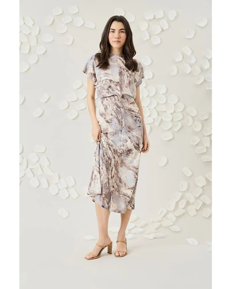 Printed Short Sleeve Gathered Midi Dress