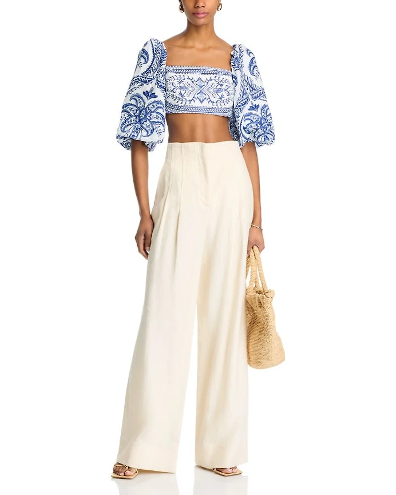 Linen Balloon Sleeve Cropped Top