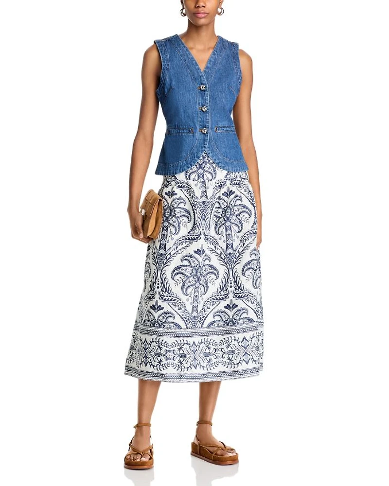 Tropical Cameo Linen Midi Skirt