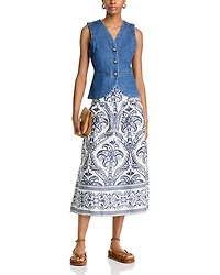 Tropical Cameo Linen Midi Skirt