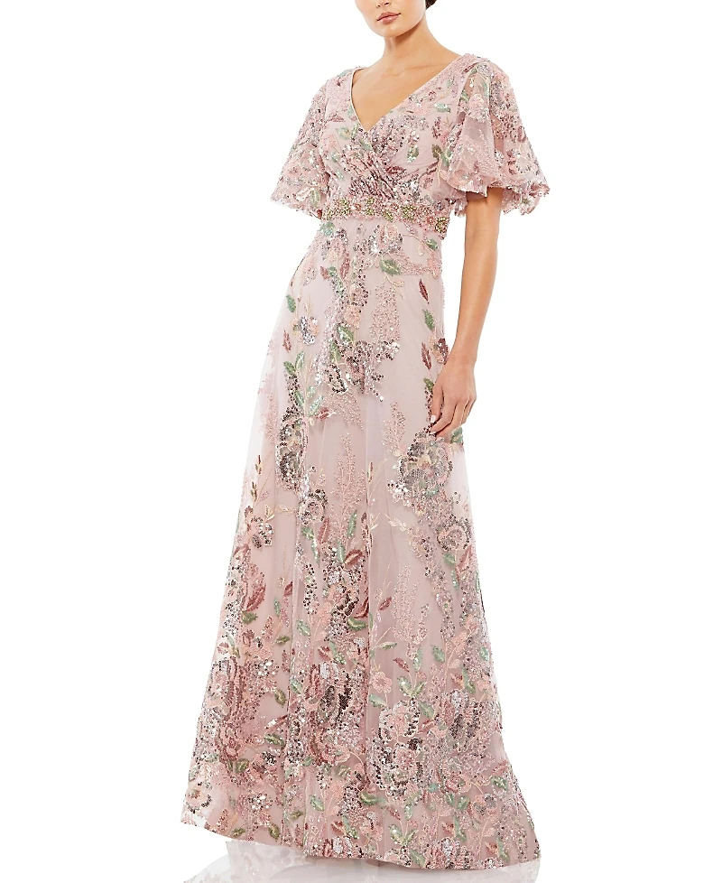 Mac Duggal Floral Embellished Short Sleeve Gown