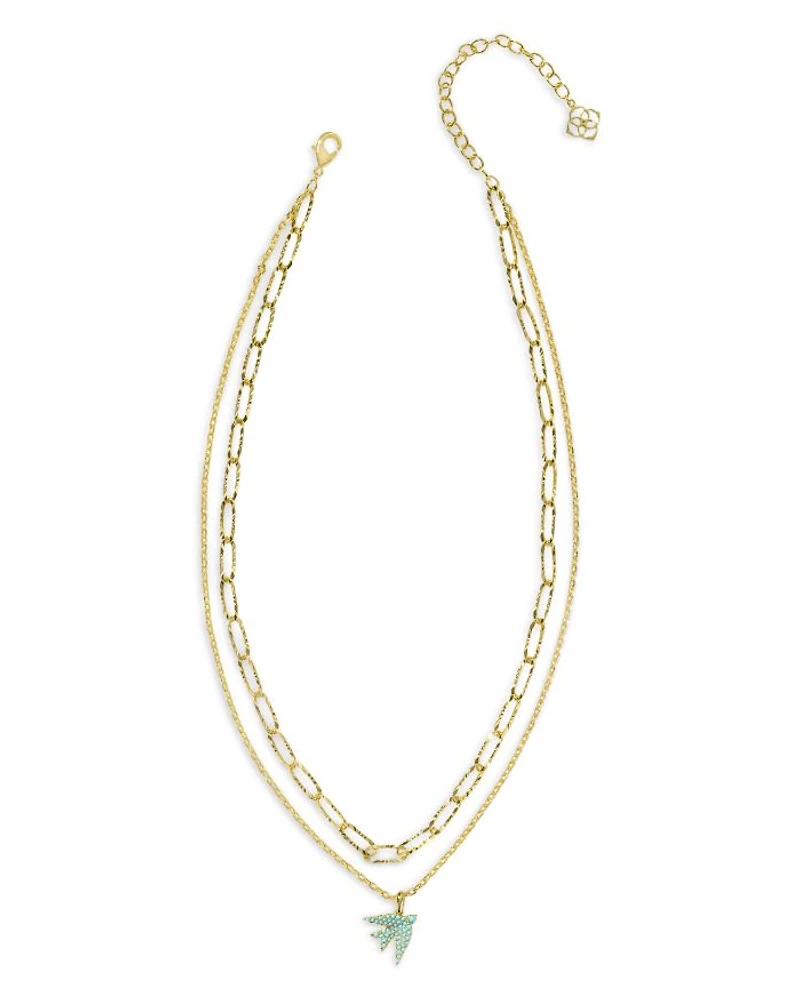 Melody Blue Cabochon Pavé Bird Layered Pendant Necklace, 15.5"-18.5"