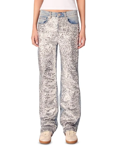 Sequined High Rise Straight Jeans Blue Sky